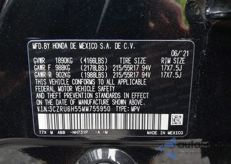 2021 Honda Hr-V Awd Ex from USA, damaged, VIN 3CZRU6H55MM755950